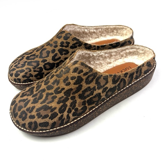 New Lucky Brand Tamala Animal Print Leather Faux Sherpa Clog Mules size 7.5 - Picture 3 of 8
